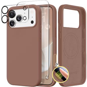 GONEZ Magnetic for iPhone 17 Pro Max Case, Compatible with MagSafe, [Screen Protector + Camera Lens Protector], Liquid Silicone Anti-Scratch Shockproof Protective Phone Case 6.9 inch, Brown