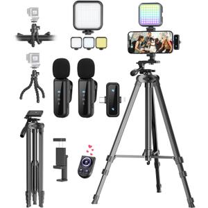 Vlogging Kit for iPhone/Android, YouTube Starter Kit with Wireless Microphone/Camera Tripod/Flexible Tripod/RGB Fill Light, Content Creator Essentials Kits for TikTok Vlog Video Recording