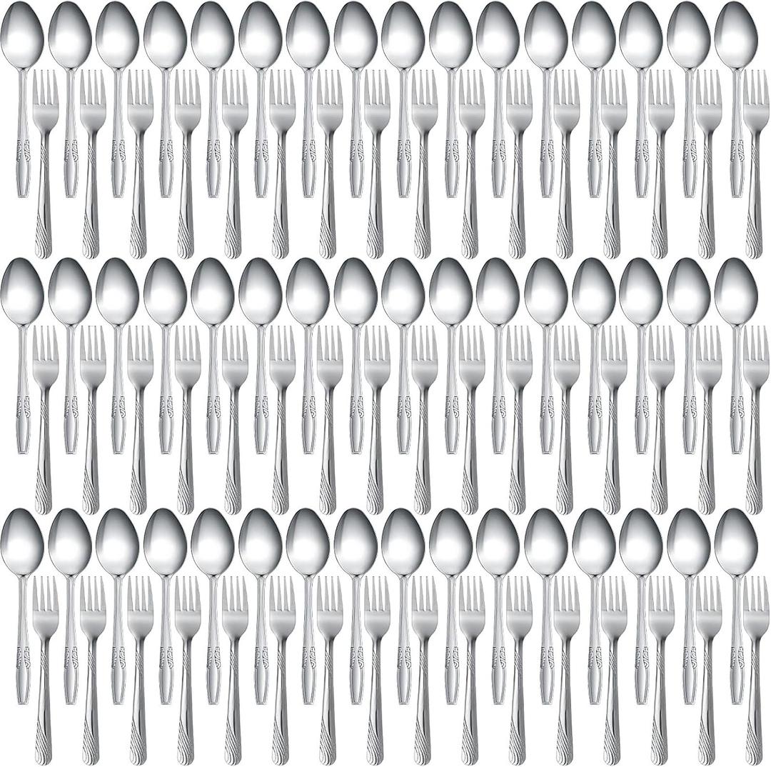 100 Pieces Forks and Spoons Silverware Set Stainless Steel Flatware Cutlery Set Dinner Forks and Spoons Mirror Polished Dishwasher Safe Utensil for Kitchen Restaurant or Home