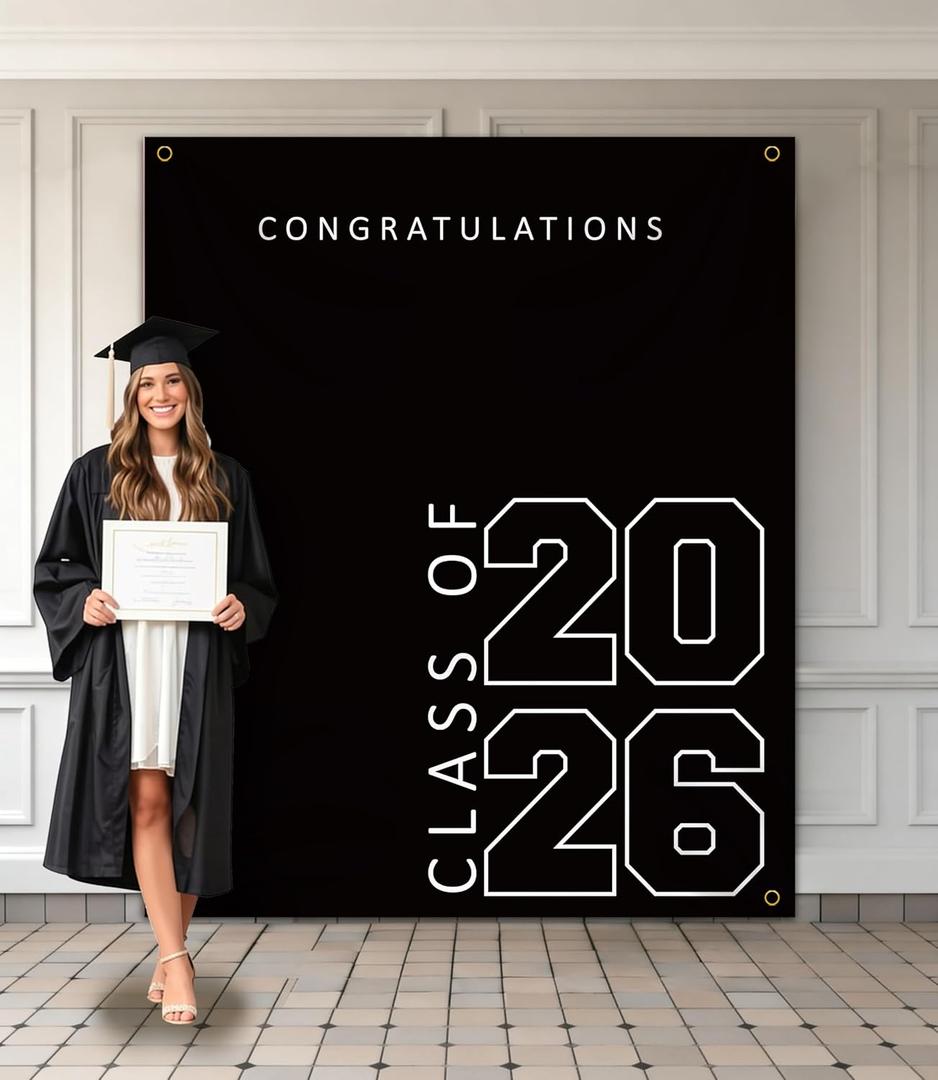 Class of 2026 Graduation Banner 5X6feet - Large CONGRATS GRAD Polyester Banner, Photo Backdrop & Wall Decor for Commencement Party Supplies, Black and White Graduation Party Decorations for High School & College