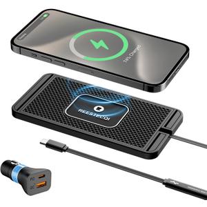 Wireless Charging Pad for Car, REESTECQI 15W Wireless Car Charger Pad Type C Charging Mat Non Slip [PD 40W Car Charger Incl] for Airpods iPhone 16/15/14/13/12, Samsung S24/S23/S22 (30CM Cable)