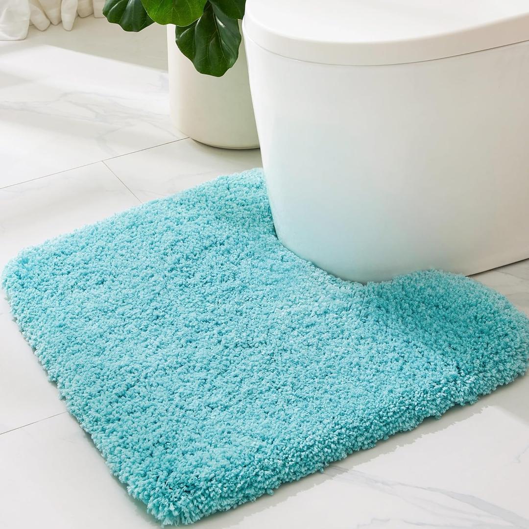 ILANGO Teal Toilet Rugs U Shaped 22" 24" Non Slip & Super Absorbent Extra Thick Soft, Washable Bath Mats for Bathroom Floor, Microfiber Plush Shaggy Contour Bath Rugs for Toilet, Dry Quick