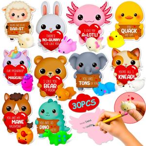Valentines Day Cards for Kids School - 30PCS Cute Squishy Valentines for Class with Animal Valentine's Days Cards, Valentine Day Gifts for Kids Classroom, Funny Mochi Squishy Valentine Party Favors