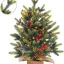 24"/2FT Tabletop Christmas Tree, Realistic-Feel Thick Artificial Mini Christmas Trees Small Christmas Tree with Lights Timer 56 Norfolk Pine Tip Pinecone Berry Burlap Base Christmas Decorations Indoor
