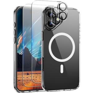 Clear Case Compatible with iPhone 17  5-in-1 Combo with 2 Tempered Glass Screen Protectors & 2 Camera Lens Protectors, Slim Anti-Yellow Shockproof Cover