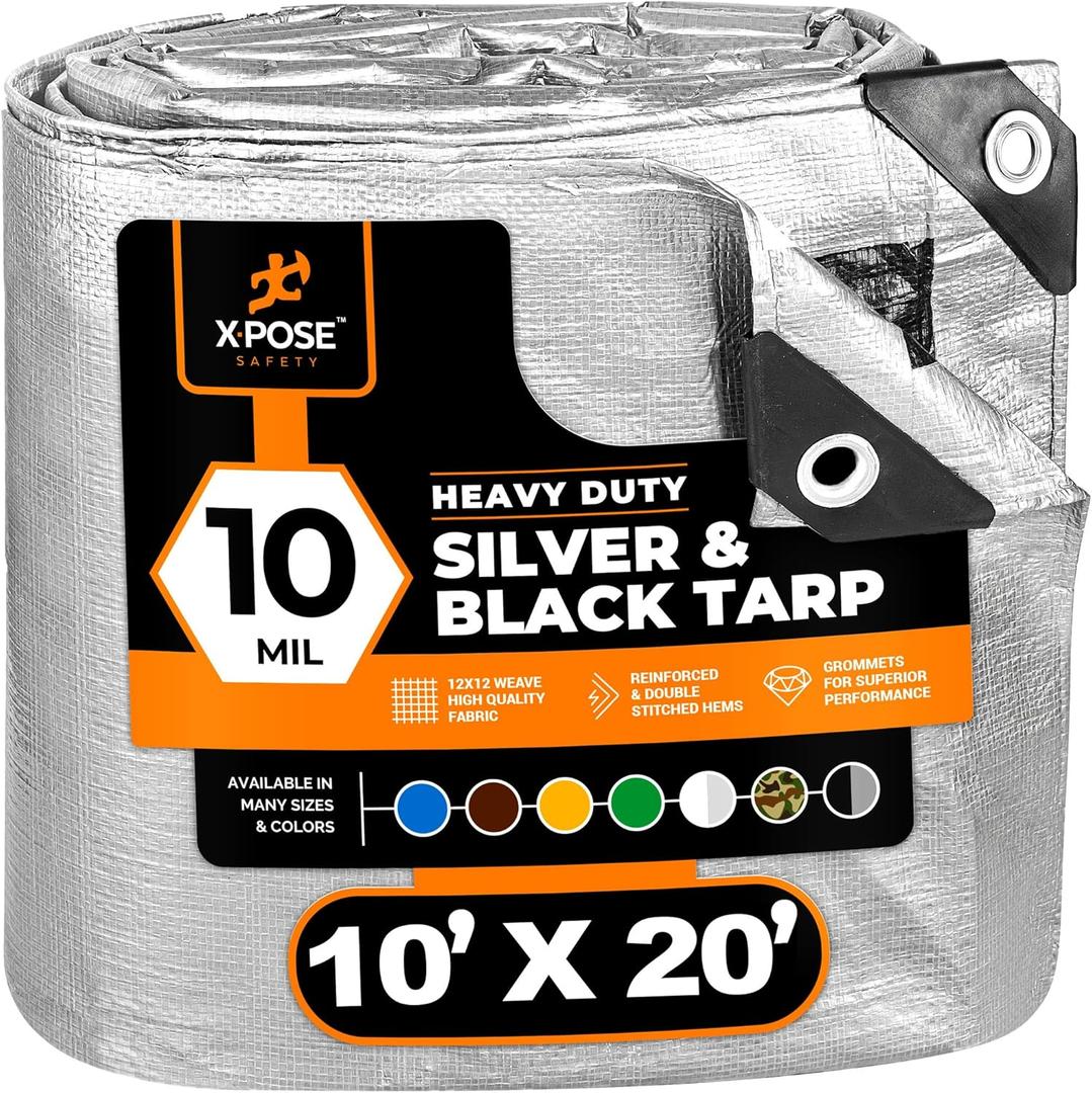 Heavy Duty Poly Tarp - 10' x 20' - 10 Mil Thick Waterproof, UV Blocking Protective Cover - Reversible Silver and Black - Laminated Coating - Grommets - by Xpose Safety