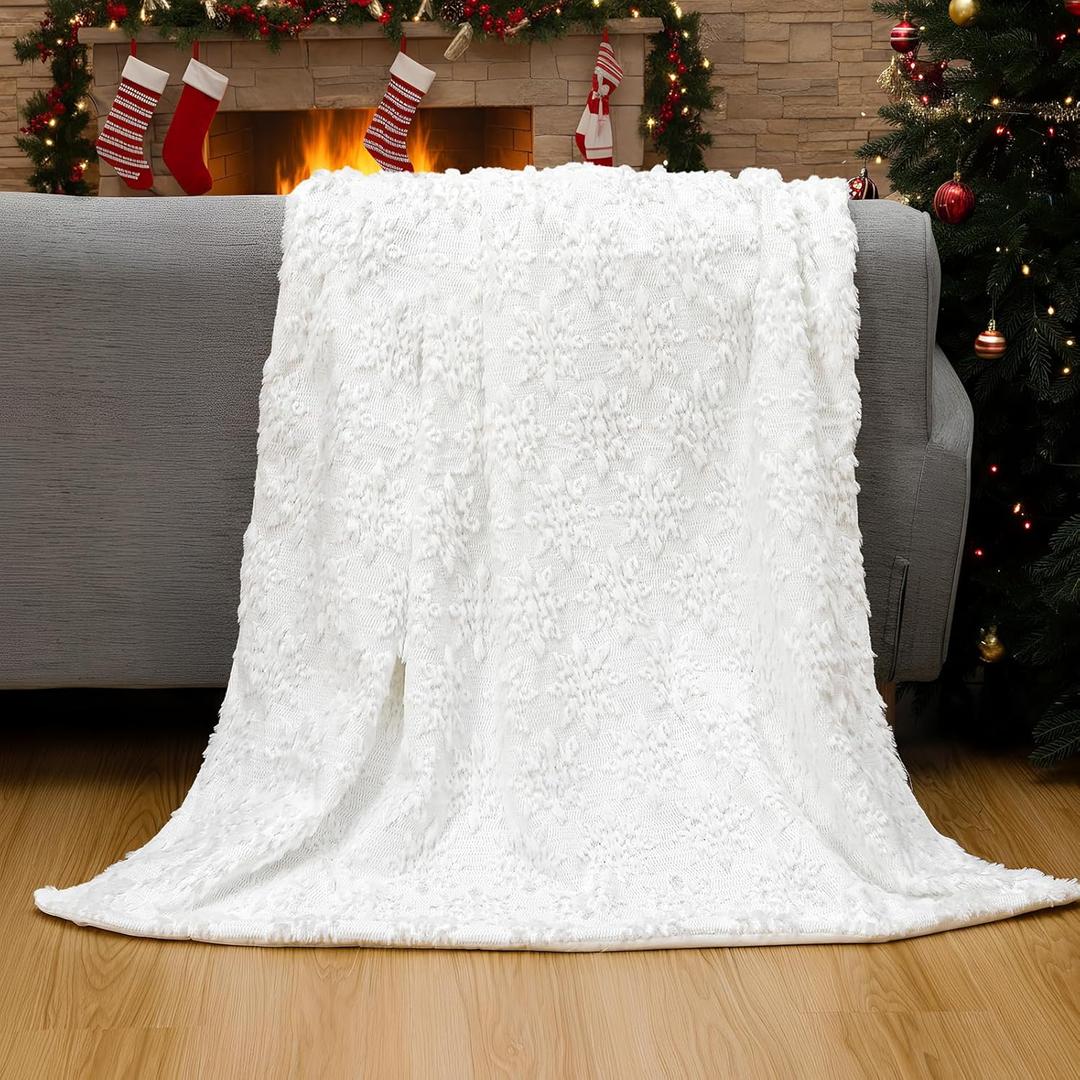 Tudomro 50x60 Winter Throw Blanket White Snowflake 3D Textured Embroidered Winter Holiday Blanket Plush Fuzzy Faux Fur, Neutral Farmhouse & Modern Home Decor for Sofa Couch Bed