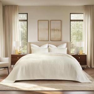 EVERGRACE Cross Stitch Pre-Washed Cotton Quilt Bedding Set King Size, Oversized 3 Pieces Lightweight Bedspread Coverlet for All Season, with 2 Matching Shams, Cream,108"x96"