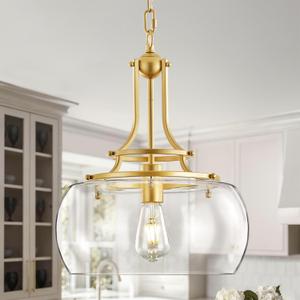 Industrial Round Chandelier Rustic Ceiling Light Fixture Farmhouse Pendant Light with Clear Glass Shade for Dining Room Hallway Entryway Kitchen Bedroom, Gold (1-Light, 57.2 in)