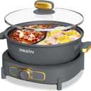 Dezin Hot Pot Electric with Divider, 6L Double-Flavor Shabu Shabu Pot, Dual Sided Removable Non-Stick Hotpot Pot Electric, 3" Depth Chinese Hot Pot with Multi-Power Control, 2 Silicone Ladles Included (Grey)