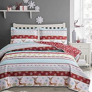 Reversible Xmas Quilts Full/ Queen Size Christmas Bedding Bedspread Lodge Cabin Moose Coverlet Lightweight Rustic Reindeer Elk Snowflake Bed Set Red Blue Green Stripe Quilt Set
