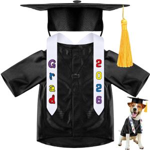 Chicingyou Small Dog Graduation Cap and Gown 2026 with Stole Washable Shirt and Hat Pet Graduation Gown Costume Outfit for Tiny Dog Little Cat Doll Clothes Holiday Halloween Costume Accessory(Black)