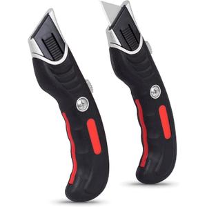 INTERNET'S BEST Ergonomic Utility Knife Set | Retractable Box Cutter with Rubber Handle | For Cutting Cardboard, Carpet & Plastic | Blade Storage in Handle | Includes 2 Razor Knives & 3 Extra Blades