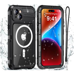 for iPhone 15 Waterproof Case Compatible with MagSafe, Metal Heavy Duty IP68 Underwater Case Built-in Screen Protector, Military Grade Shockproof Full Body Protective Rugged Cover 6.1 inch
