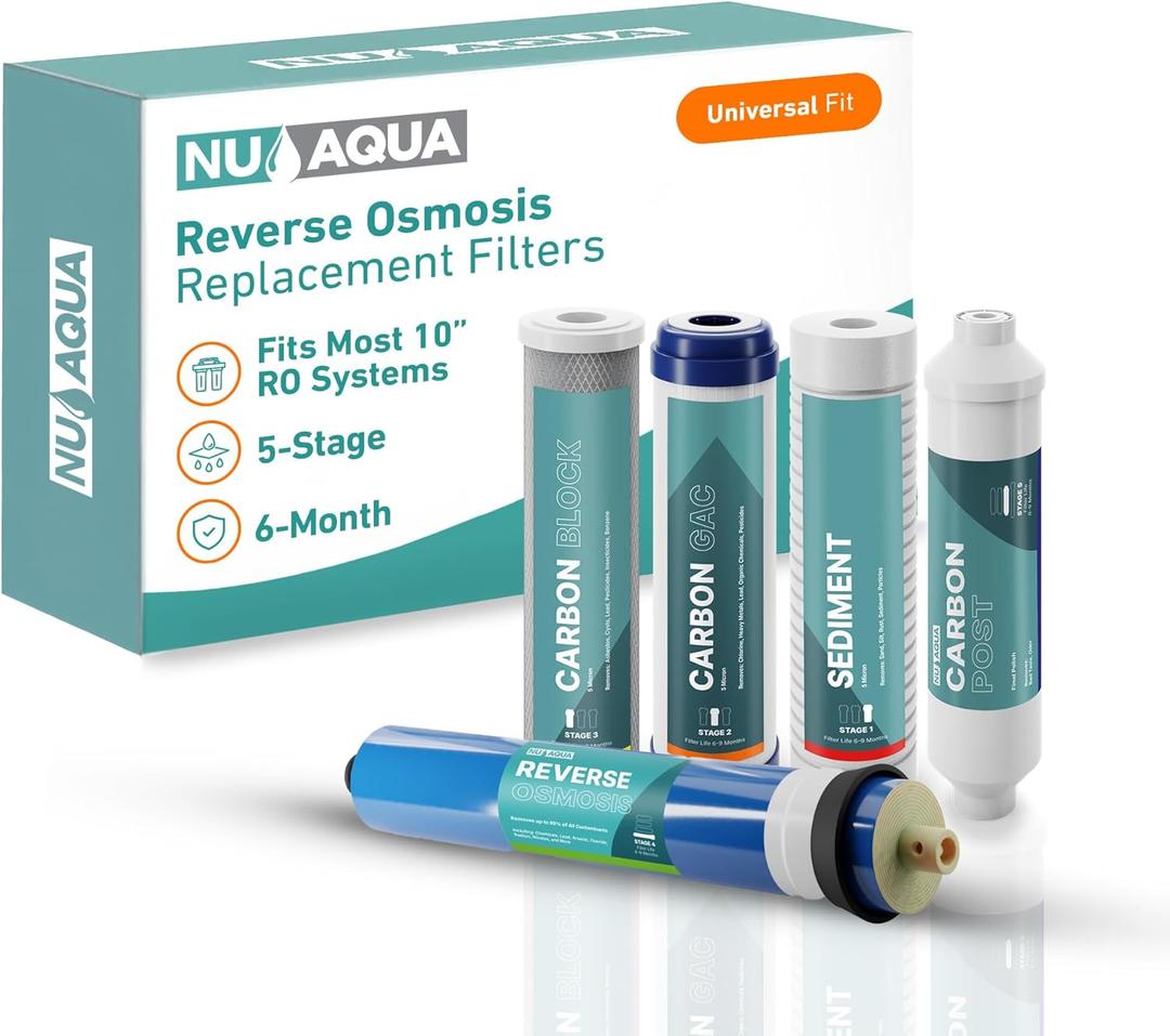 NU Aqua Reverse Osmosis Water Filter System Replacement Set - 4 Stage Under Sink Kit - Includes Membrane, Sediment, Carbon Filters, Parts & Fittings - Universal Undersink RO Filtration Cartridge Pack