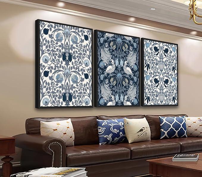 Large Framed Abstract Wall Art - Natural Framed Canvas Pictures for Living Room Modern Canvas Prints Grey Blue for Bedroom, Black Float Frame Art for Home Office Kitchen Decor 16" X 24" X 3pcs