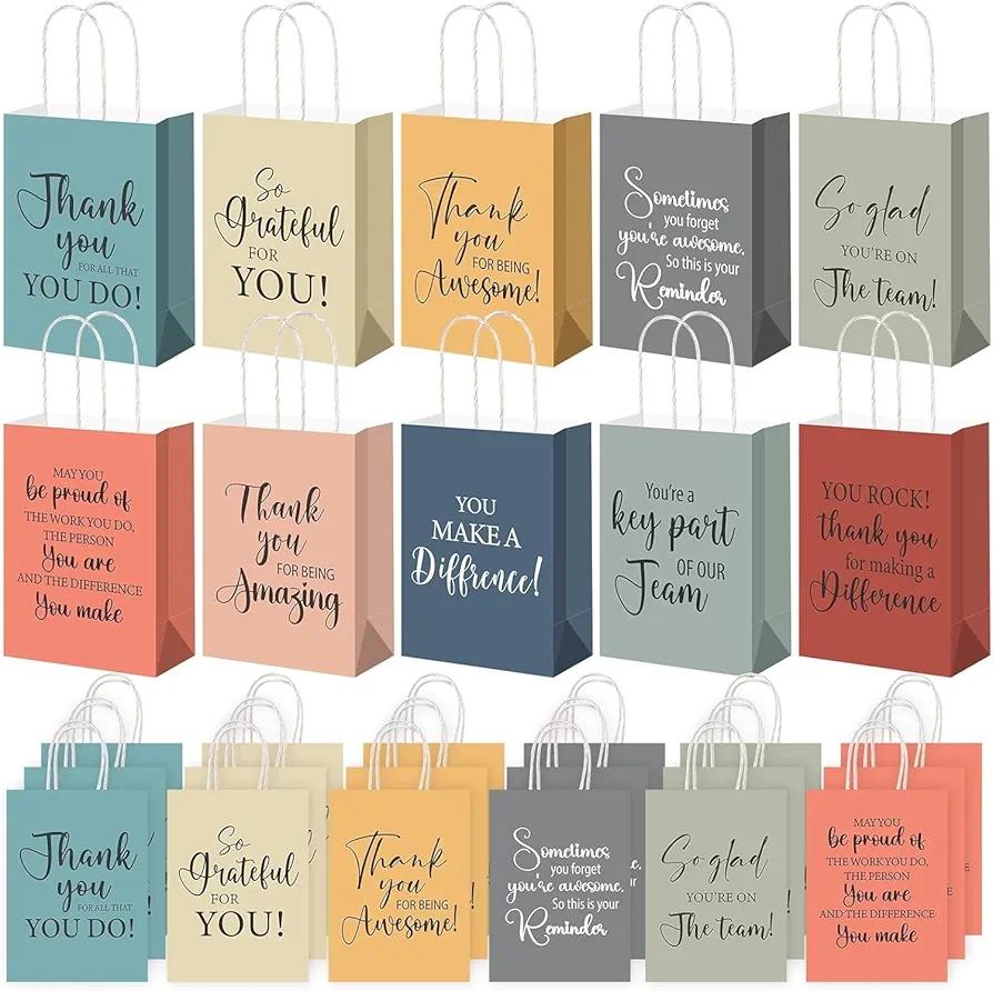 Piuaeue 50 Pcs Thank You Gift Bags Bulk, Employee Appreciation Gifts First Day of School Kraft Paper Bag Team Inspirational Supplies with Handles for Teachers Coworkers Volunteer Pastor Employees Nurses