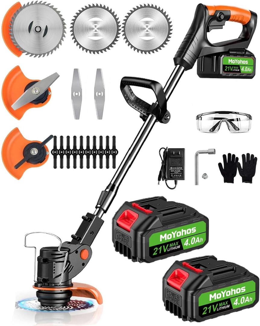 Electric Weed Wacker Cordless, 21V Weed Cordless Eater Battery Powered, with 2 * 4.0 Batteries & Charger, Lightweight Brush Cutter/Grass Trimmer, 3 Types Blade, for Lawn Yard Garden, Black