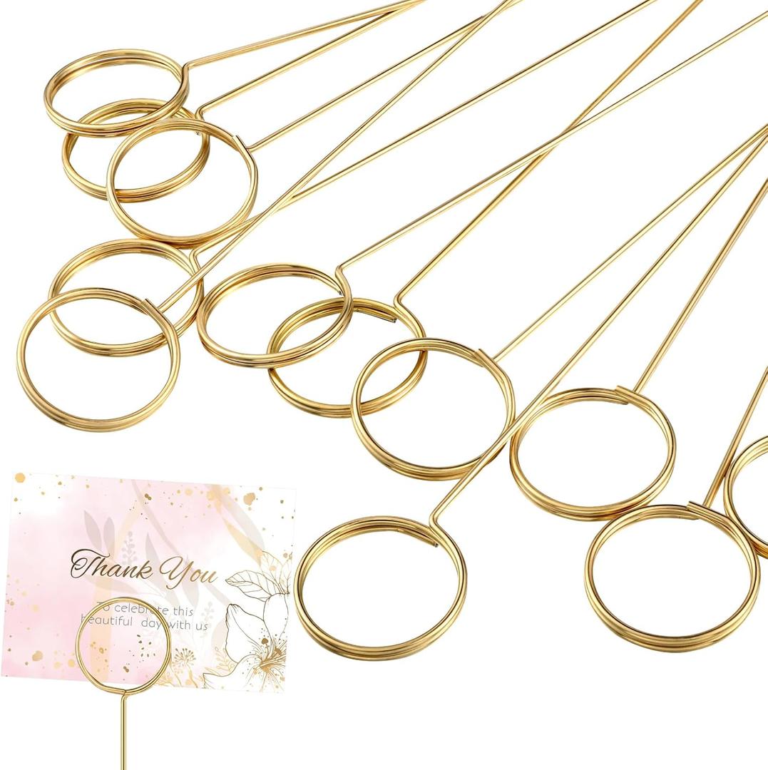 Hotop 30 Pcs Floral Card Holder Pick Metal Wire Flower Place Card Stick 13.4 in Picture Photo Memo Holder Round Floral Gift Stick Clip for Centerpiece Table Wedding Baby Shower Party Favor (Gold)