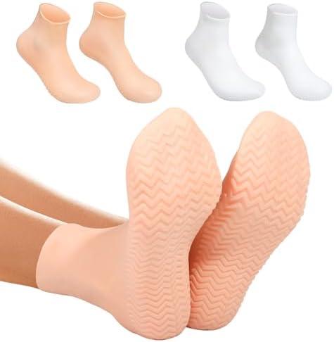 Silicone Moisturizing Socks for Dry Cracked Feet - 2 Pairs, XL Long Size, Non-Slip Heel Socks for Women and Men - High Stretch Foot Care Pedicure - White & Beige