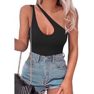 SAUNGKUAI Women's Sexy One Shoulder Sleeveless Cutout Thong Bodysuit Tank Top Body Suits V Backless Tummy Control Shapewear L, Black