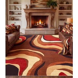 YIHOUSE Burnt Orange Rug 8x10 Washable,Alfombras para Salas,Farmhouse Brown Retro Carpets,Geometric Abstract Wavy Rug for Living Room,Unique Colorful Rugs for Bedroom,Dining Room