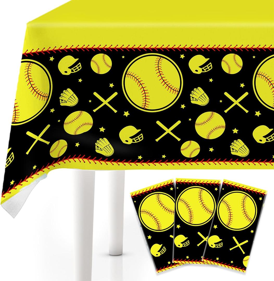 3Pcs Softball Plastic Tablecloth, 54 x 108 Inch Waterproof Sport Themed Table Cover, Softball Party Decorations for Baby Shower, Boys Girls Birthday, Sport Party Supplies