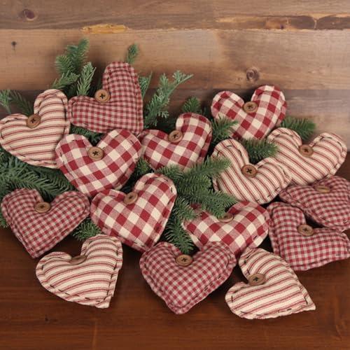 Soulchen 12 Pcs Valentine's Day Heart Ornaments Vintage Fabric Stuffed Heart Hanging Ornaments Rustic Red Buffalo Plaid Hanging Decor with Button for Tree Farmhouse Anniversary Wedding Party, 3 Style