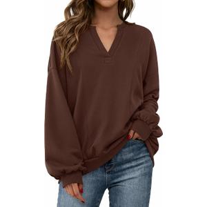 dowerme Oversized Sweatshirt for Women Casual Long Sleeve V Neck Comfy Fleece Pullover Tops Pockets Fall Outfits 2025 (Brown, S)