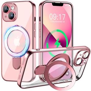 Pmteyoim Magnetic for iPhone 13 Case with Invisible Stand[Compatible with MagSafe][Full Camera Lens Protector][Military Drop Protection] Shockproof Not Yellowing Clear Soft Slim for Women Men, Pink