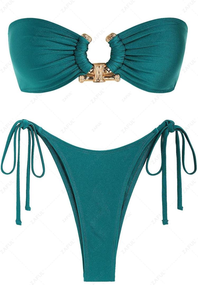 ZAFUL Women's Bandeau Bikini Set O Ring Strapless Swimsuit Tie Side Swimwear Metallic Two Piece Bathing Suit (Medium)