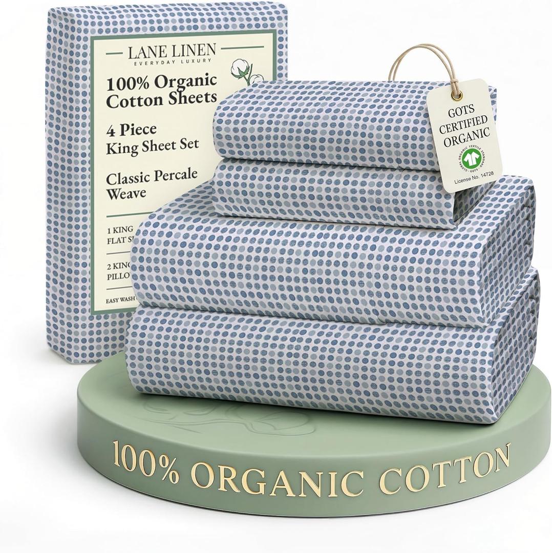 LANE LINEN 100% Organic Cotton Printed King Size Bedding Sheets & Pillowcases Set -Soft & Comfy Breathable Percale Sheet Seasons, 15" Deep Pocket Printed King Sheets - Polka Dot