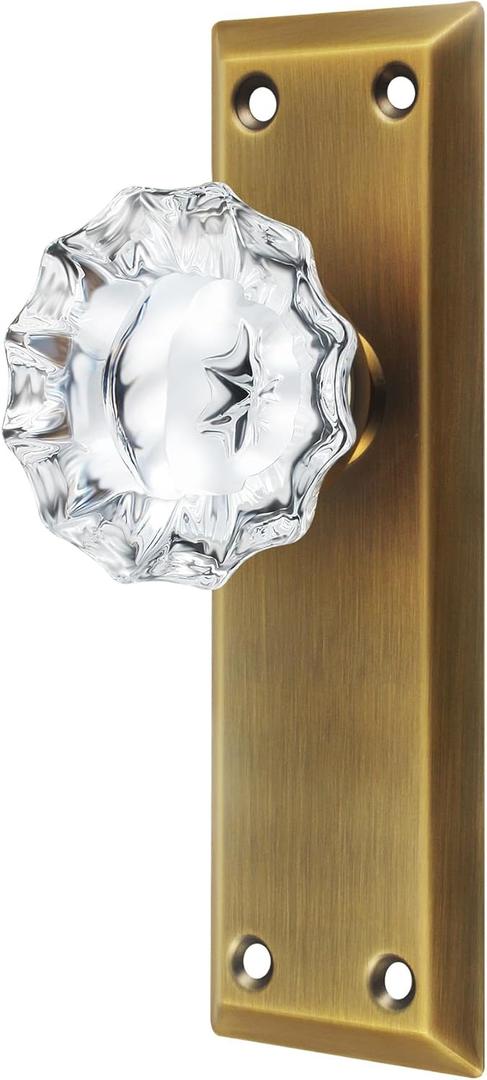2 Pack Antique Brass Single Sided Crystal Dummy Door Knobs Interior, Vintage Glass Dummy Door Knobs with Long Plate