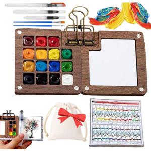 2026 New Watercolor Kit, Mini Watercolor Paint Set, Pocket Watercolor Set with Paint, Brush,bag, Sketchbook & Copper Clip, Travel Kit for Beginners, Artists & Painting Enthusiasts(Walnu -15 Grids)