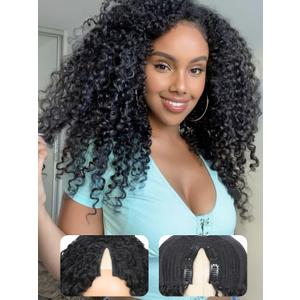 HUA V Part Curly Wig Human Hair 12 Inch Kinky Curly V Part Wig Human Hair Mixed Synthetic 180% Density Upgrade U Part Human Hair Wigs for Black Women Bob Wigs Shoulder Length Natural Black Color