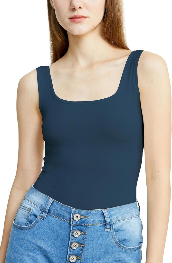 POSESHE Women's Plus Size Bodysuit Square Tank Top Sexy Body Suit For Curvy Women, M-5XL (Denin Blue)