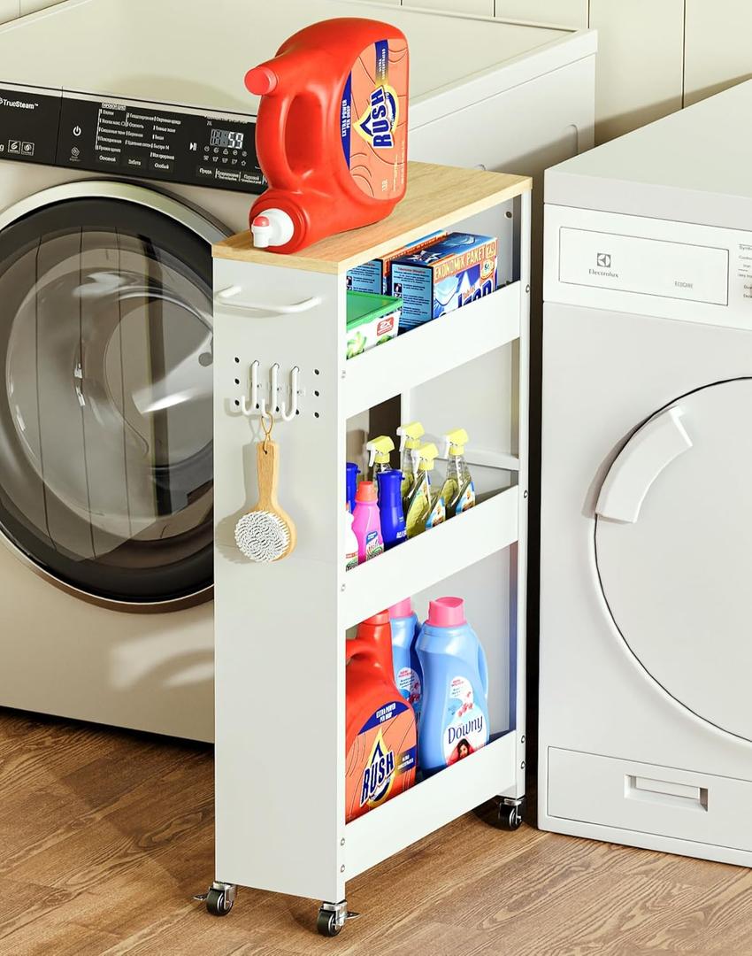 Utility Slim Storage Cart, 4-Tier Narrow Laundry Room Bathroom Organizers and Storage Cart, Metal Pantry Kitchen Organization Shelf with Wood Top, Slim Rolling Rack with Wheels for Small Space (White)