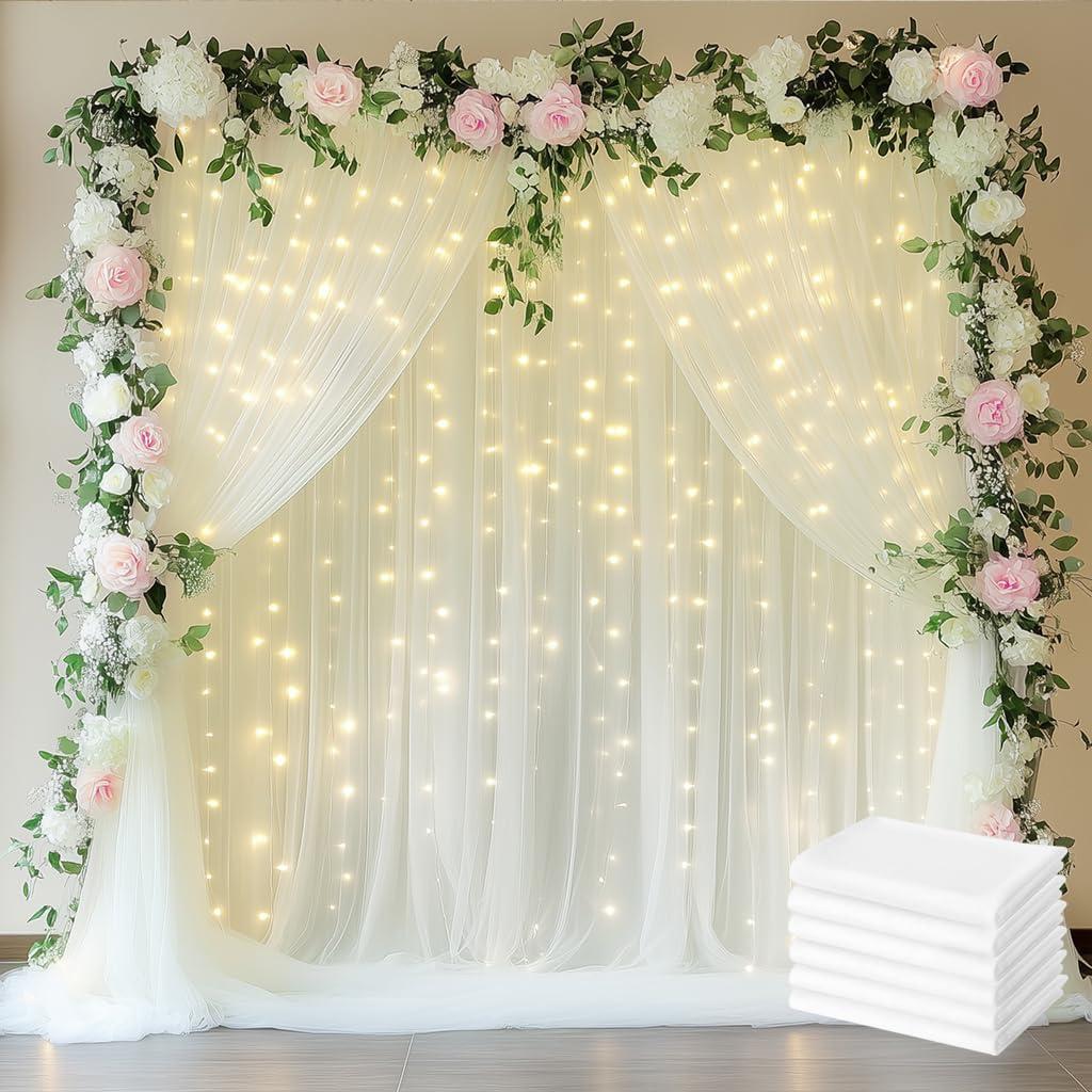 Fomcet Tulle Backdrop Curtains Ivory 30FT X 10FT Tulle Curtain with Lights String Sheer Backdrop Curtains for Parties Wedding Baby Shower Photo Shoot Decorations (6 Panels 5x10FT)