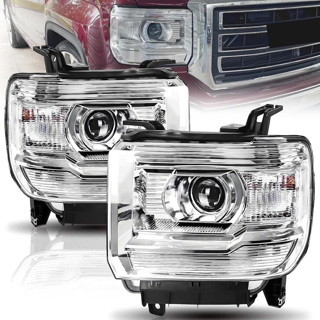 Headlights Assembly W/O LED DRL Compatible with 2014 2015 GMC Sierra 1500 for 2015-2019 Sierra 2500HD 3500HD Base Denali SLE SLT Halogen Head Lamps with Bulbs Chrome Housing Clear Reflector