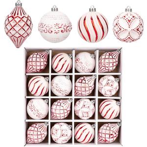 16PCS Shatterproof Christmas Ball Ornaments Set, Hand-Painted Holiday Decor with Assorted Sizes & Designs for Christmas Tree Thanksgiving Party Decoration, Red-White