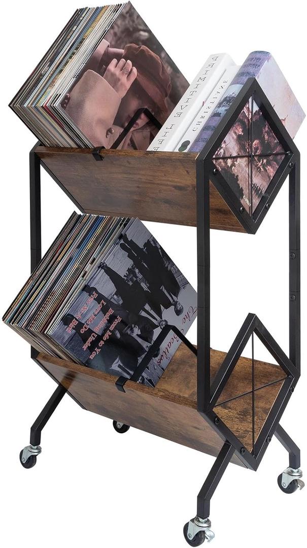 Vinyl Record Storage Holder with Wheels, 2-Tier Record Holder 160-200 LP with Dividers, Retro Style Quick Assembly Vinyl Record Display for Albums, Magazine, Book, Files(2 Tier- Rustic Brown)