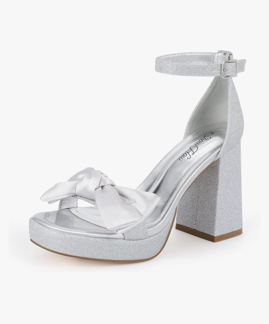 Mofri Showhow Platform Chunky Heels Women's Chunky High Heel Sandals Ankle Strap Open Toe Pump Bowknots Wedding Sandals for Wedding Bridal Party size 8