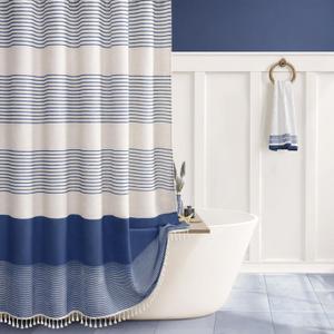 Navy Blue Shower Curtains for Bathroom Boho Linen Texture Striped Shower Curtain with Tassel 72 X 72 Natural