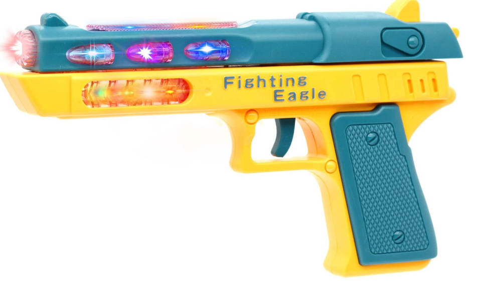 Light Up Pistol Toy  Hand Gun Toys with Dazzling Electric LEDs Light & Fighting Sound & Unique Telescopic Action, Great Party Favor, Gifts for Boys and Girls (Batteries Not Included) (Green/Yellow)