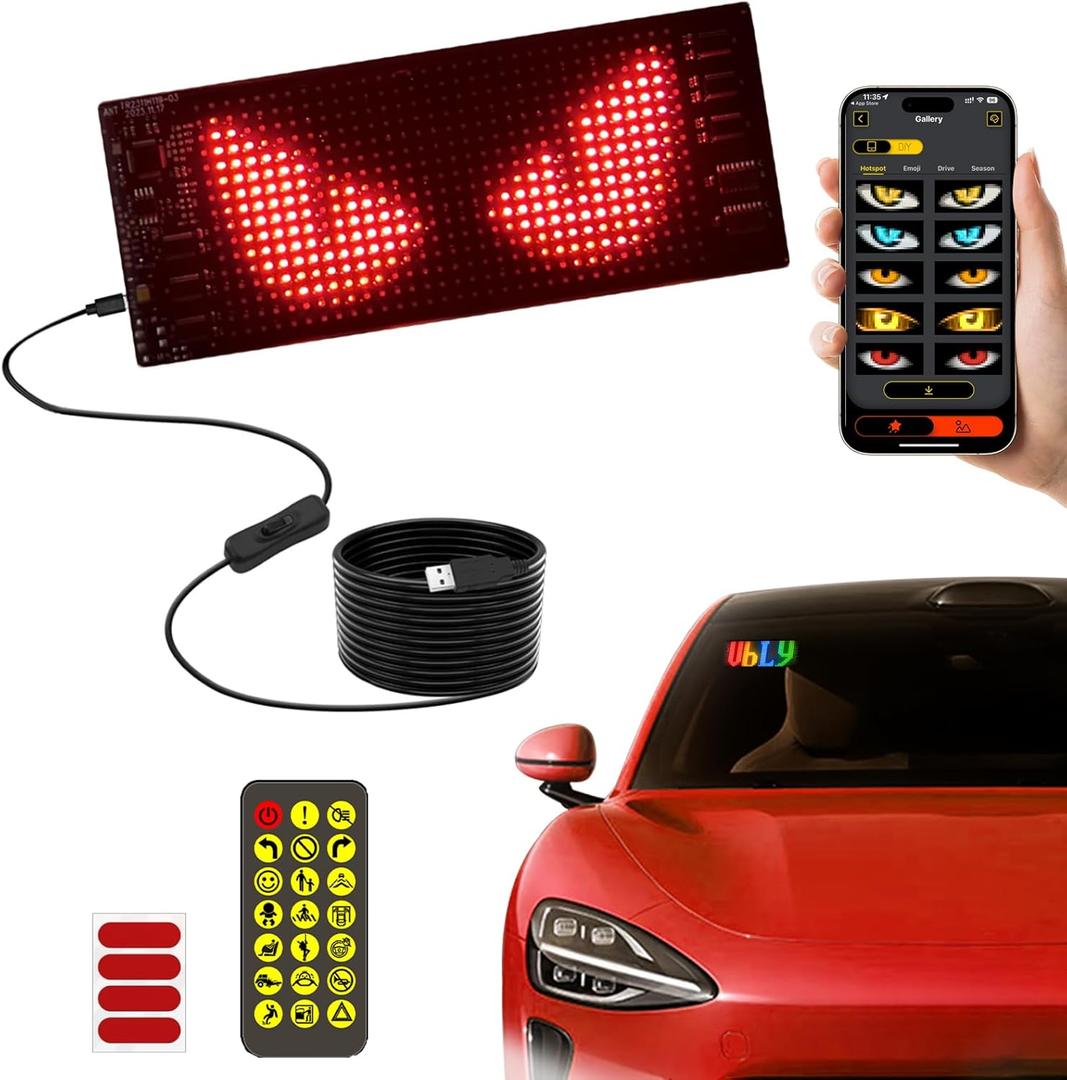 Dynamic LED Devil Eye Lights for Car Motorcycle Windshield, 6.8 x 2.8 inches Colorful Flexible Programmable LED Sign for Window, DIY LEDs Matrix Panel Display with Remote&APP Control