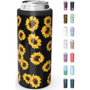 TILUCK Skinny Can Cooler for Slim Beer & Hard Seltzer, Stainless Steel, Doucle-Walled Stainless Steel Insulated Slim Cans, Standard 12 oz (Sunflower)