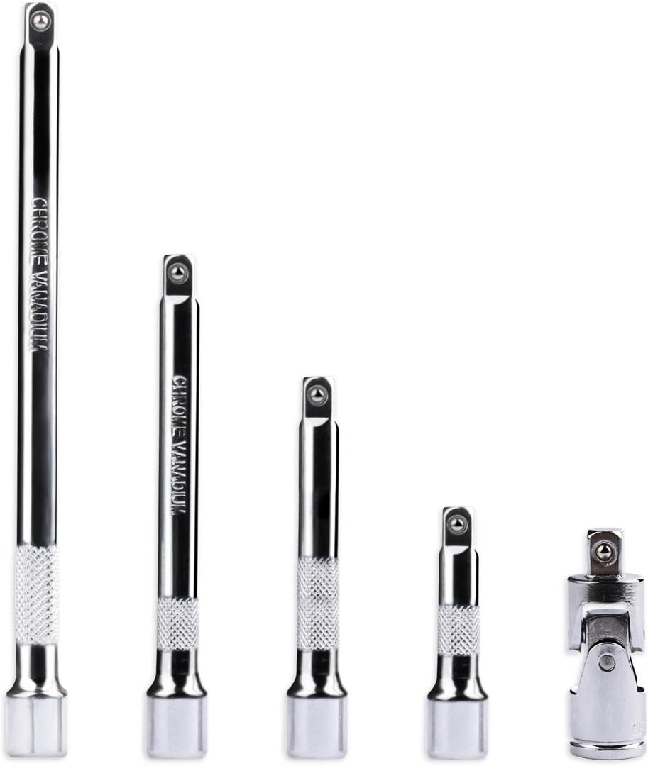 5 Pcs Extension Bar Set, 1/4" Socket Extension Set, Include 4 Pcs Extensions(2"/50mm, 3"/75mm, 4"/100mm, 6"/150mm) and 1 x 1/4 Inch Drive Universal Joint Socket, Chrome Vanadium Steel