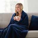 Exclusivo Mezcla Soft Fleece Blanket King Size, Cozy Lightweight Blankets with Decorative Wave Textured Suitable for All Season Use, Navy Blue, 90x104 Inches