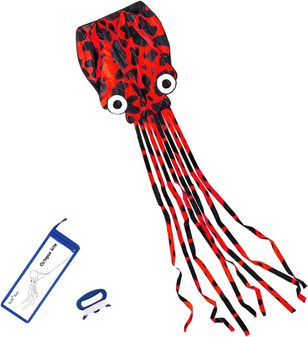 Kizh Kite Octopus Large Frameless Soft Parafoil Kites for Kids and Adults Easy Flyer Kite for Beach Park Garden Playground 150 Inchs Long Perfect Outdoor Fun (Red)