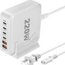 220W USB C Charger Block GaN III USB Desktop Charging Station 6 Ports QC4.0 Fast Charging Station Hub+PD 100W Type C Laptop Charger Adapter Compatible with MacBook Pro Laptop Tablet and Phone (White)